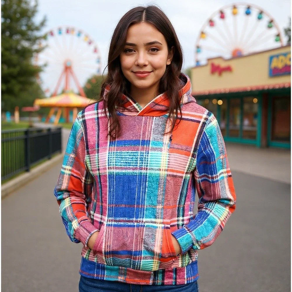 Polo Ralph Lauren Multi-Plaid Pullover Hoodie Youth XL 16 Bright Colors Girl New